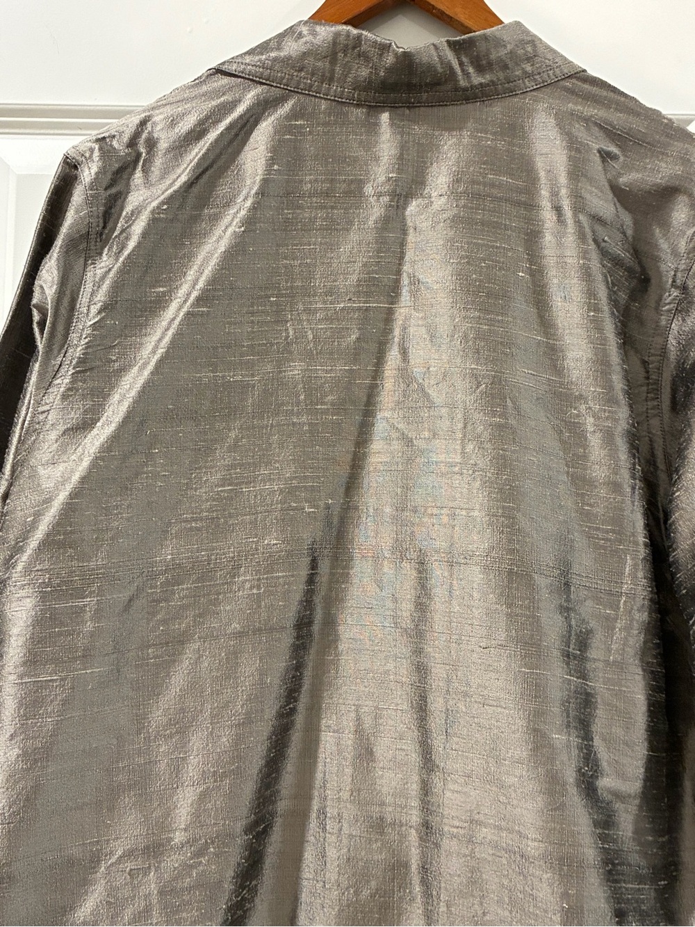 💯 Silk Large Evening Formal top Silver Metallic Gray Button-down Blouse w/collar - Picture 14 of 16